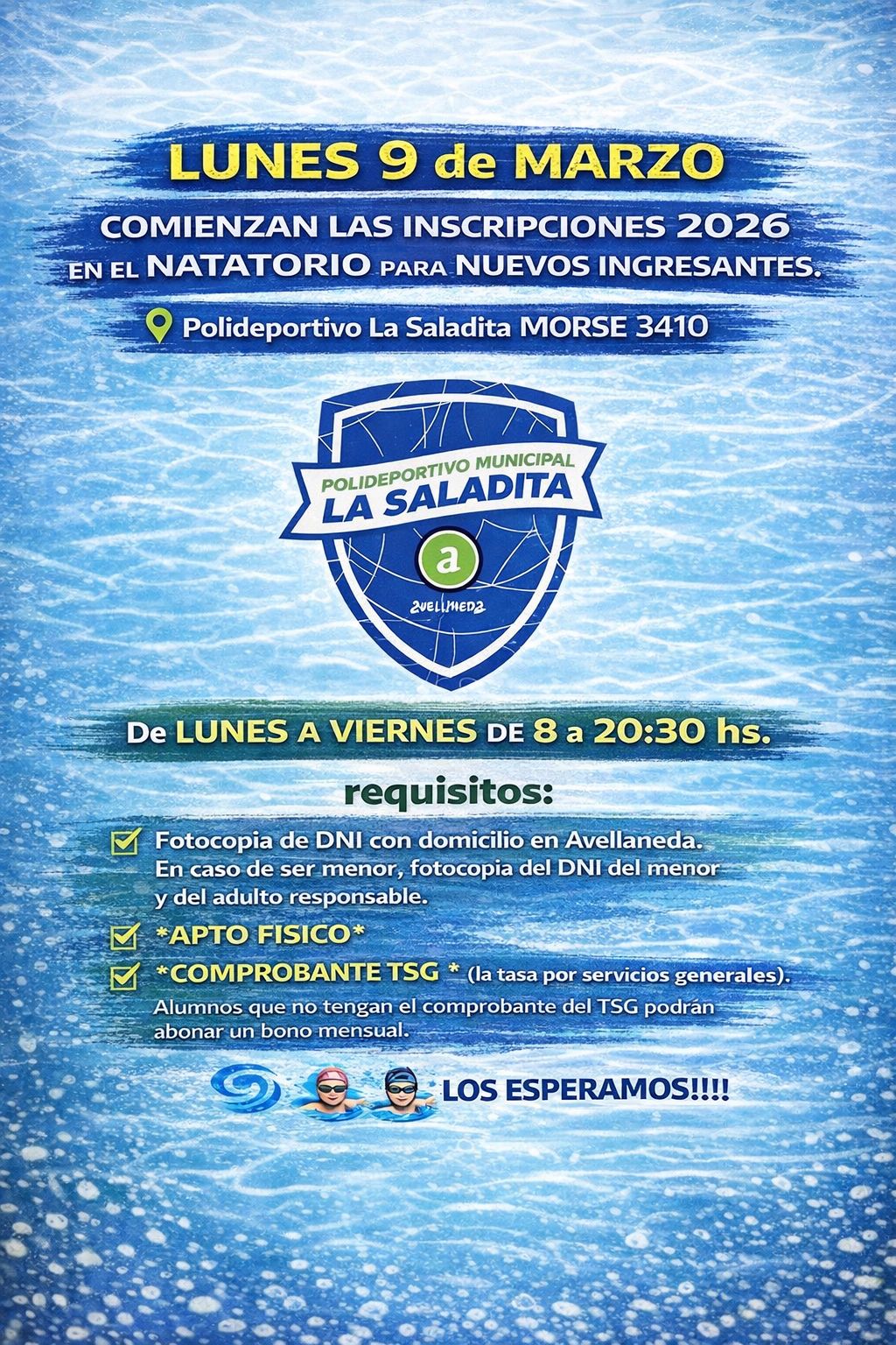 Comienzan las inscripciones 2026 en el Natatorio Municipal La Saladita El Natatorio Municipal La Saladita abre sus inscripciones para el ciclo 2026.
